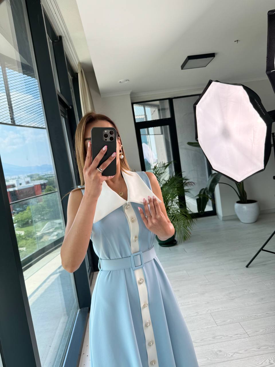 Bebe%20Mavi%20inci%20Taş%20Düğme%20Detaylı%20Lüks%20Kalite%20Kemerli%20Kloş%20Elbise