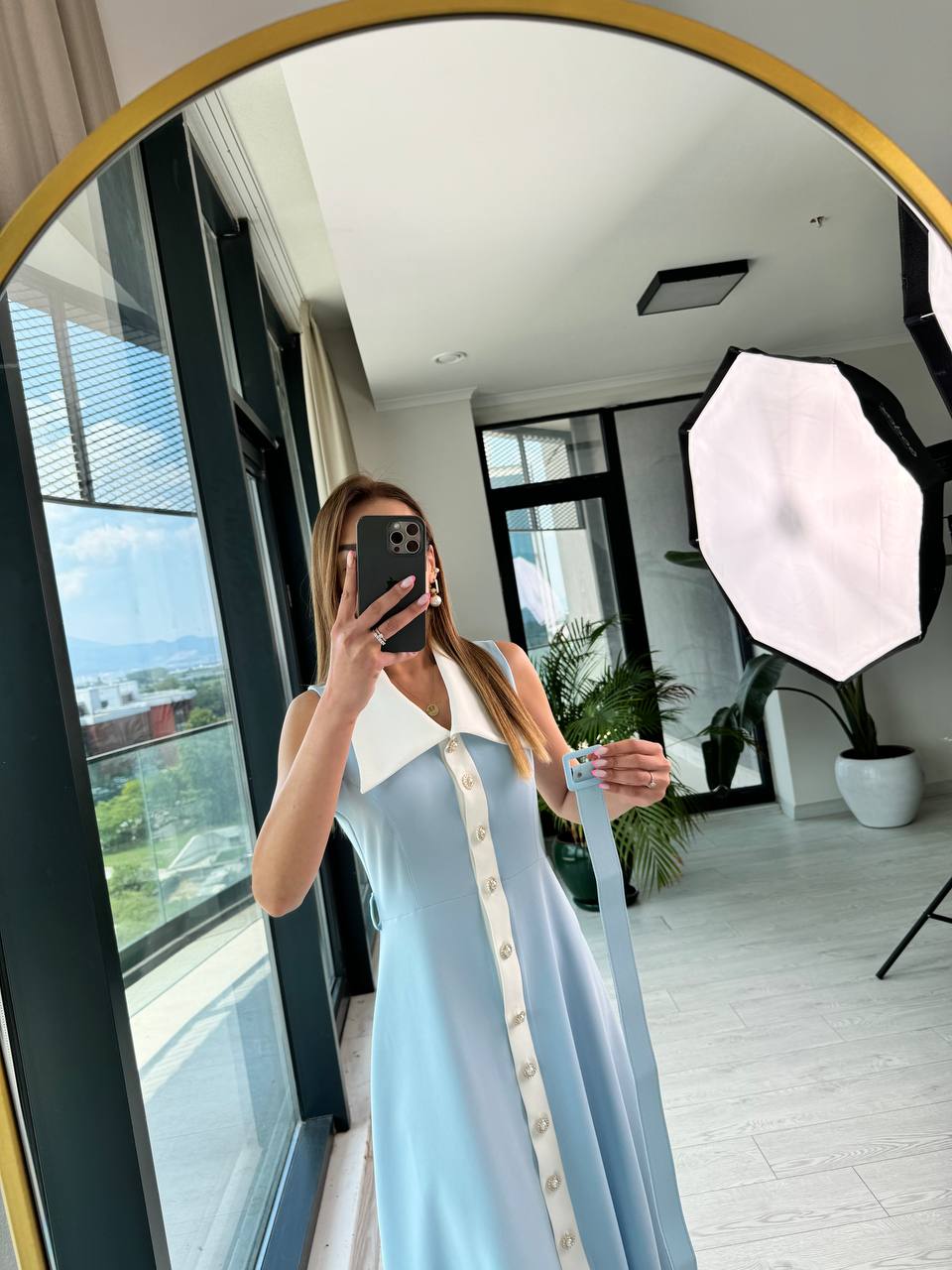 Bebe%20Mavi%20inci%20Taş%20Düğme%20Detaylı%20Lüks%20Kalite%20Kemerli%20Kloş%20Elbise