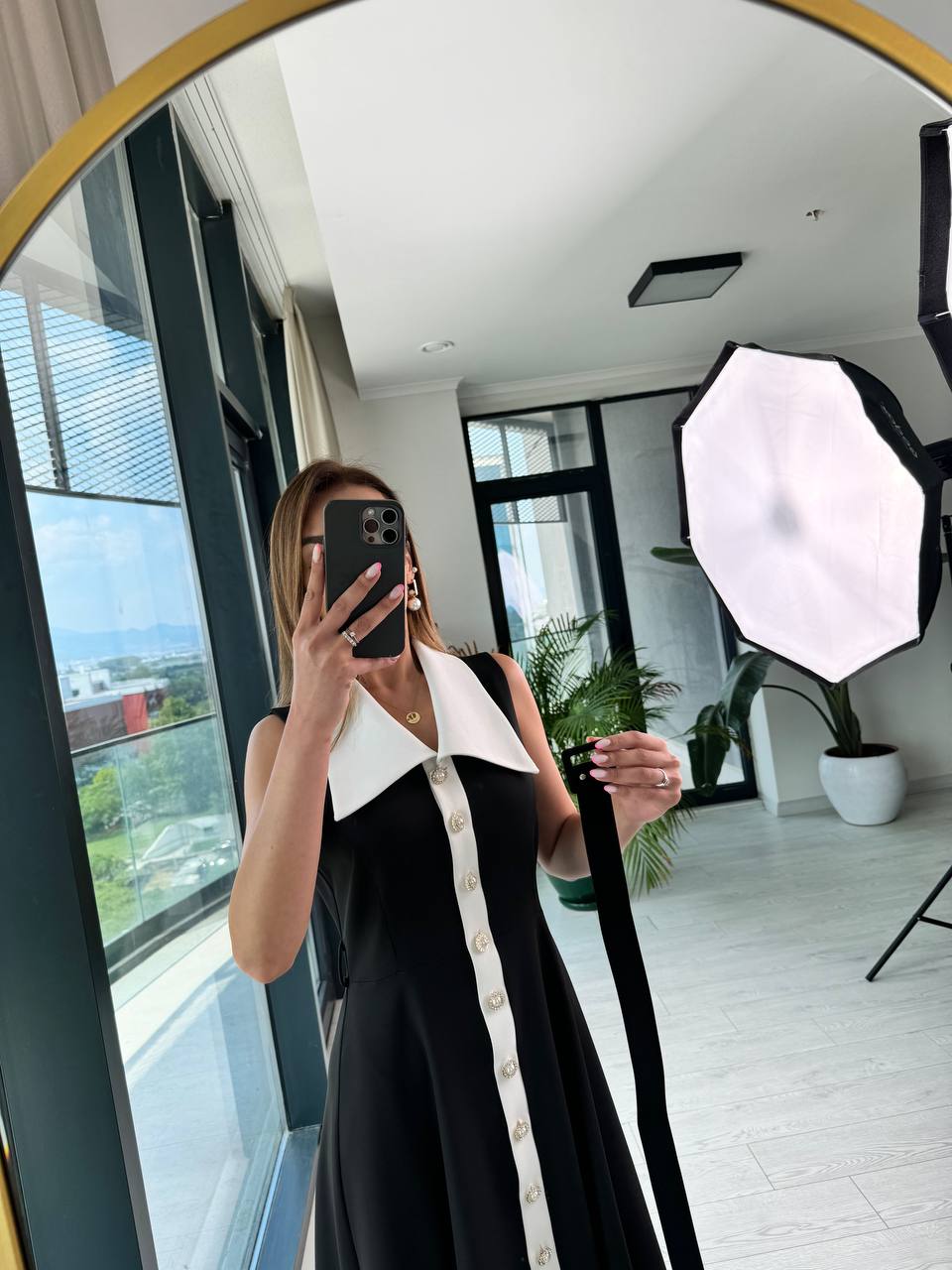 Siyah%20inci%20Taş%20Düğme%20Detaylı%20Lüks%20Kalite%20Kemerli%20Kloş%20Elbise
