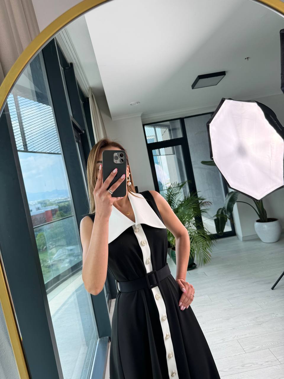Siyah%20inci%20Taş%20Düğme%20Detaylı%20Lüks%20Kalite%20Kemerli%20Kloş%20Elbise