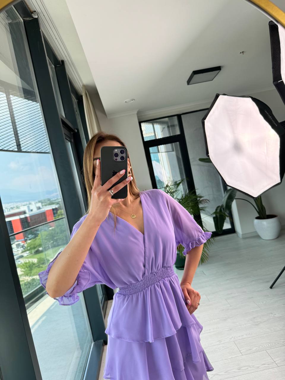 Lila%20Şifon%20Astarlı%20Eteği%20Kat%20Kat%20Elbise