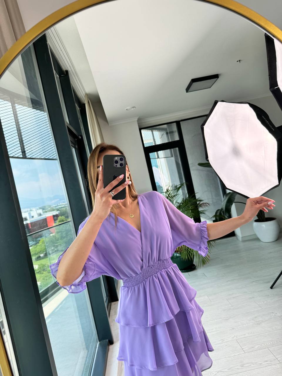 Lila%20Şifon%20Astarlı%20Eteği%20Kat%20Kat%20Elbise
