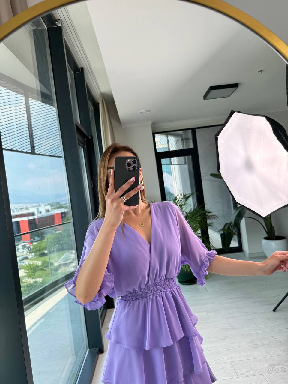 Lila%20Şifon%20Astarlı%20Eteği%20Kat%20Kat%20Elbise