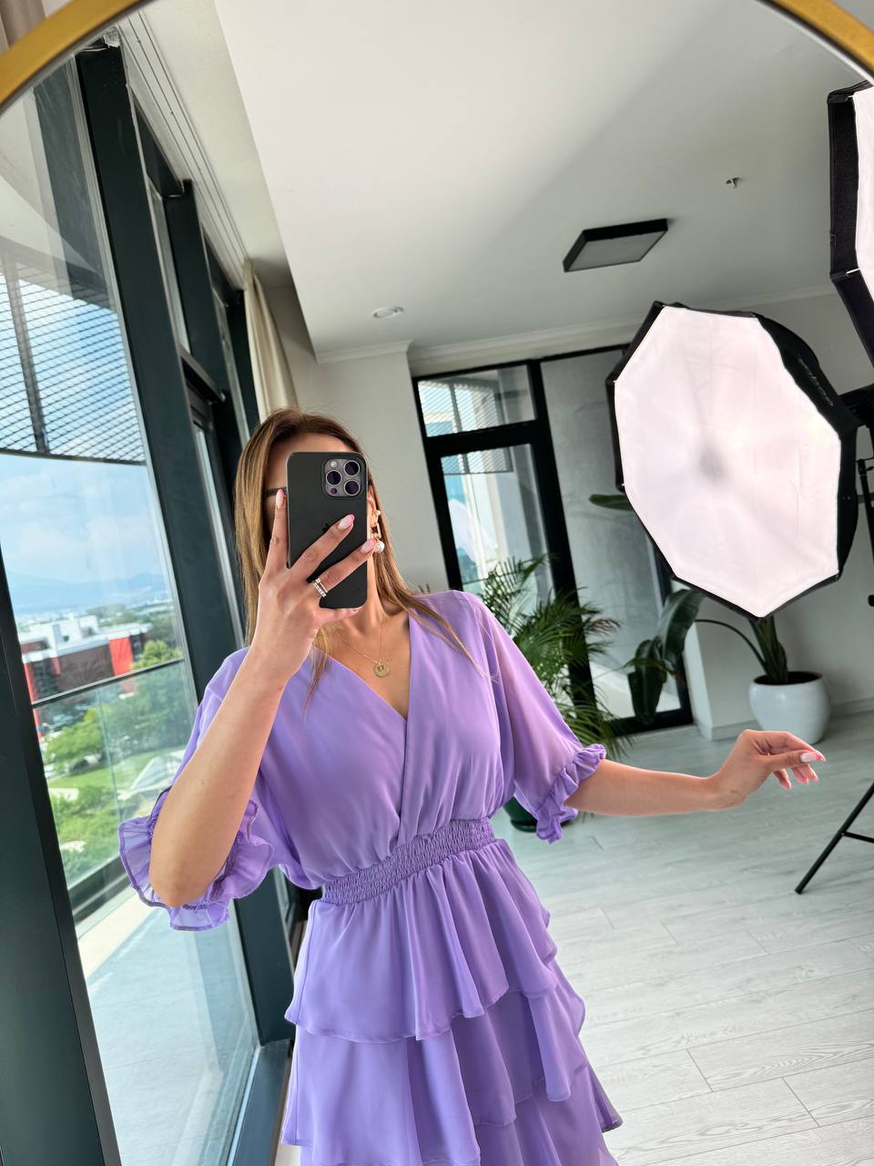 Lila%20Şifon%20Astarlı%20Eteği%20Kat%20Kat%20Elbise