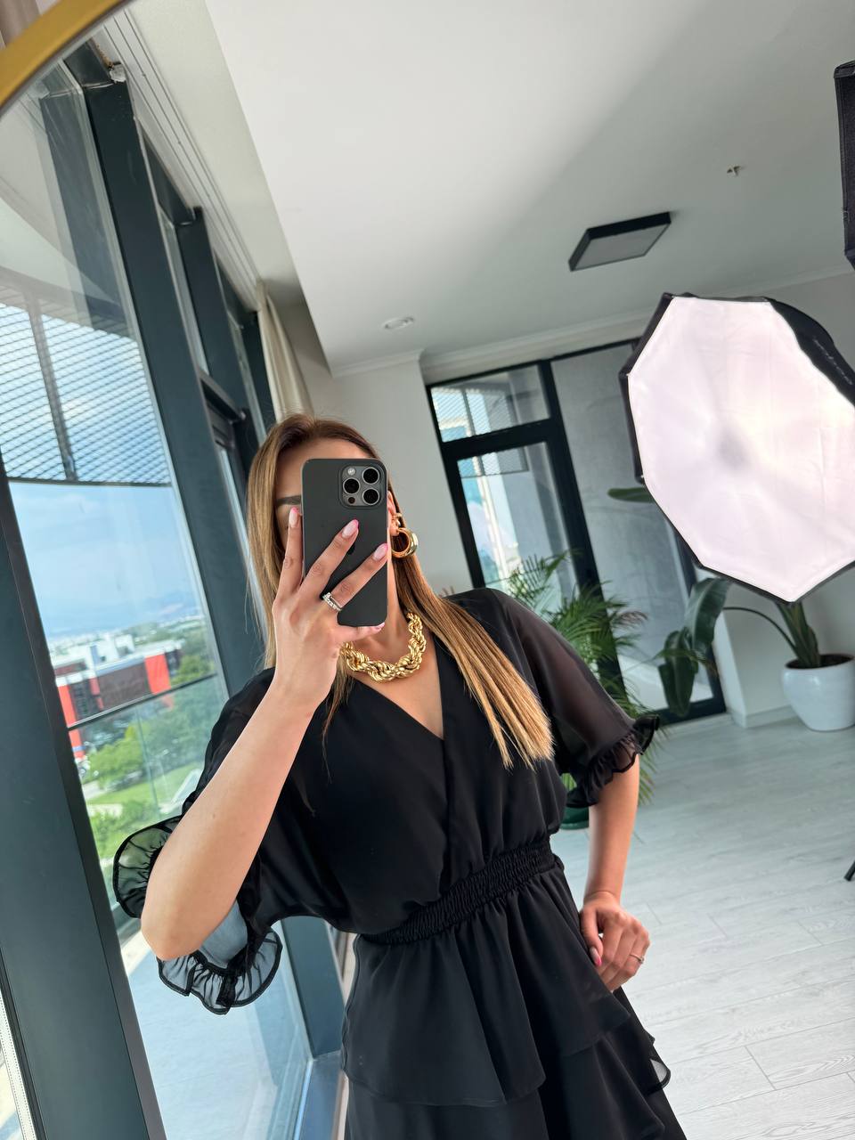 Siyah%20Şifon%20Astarlı%20Eteği%20Kat%20Kat%20Elbise