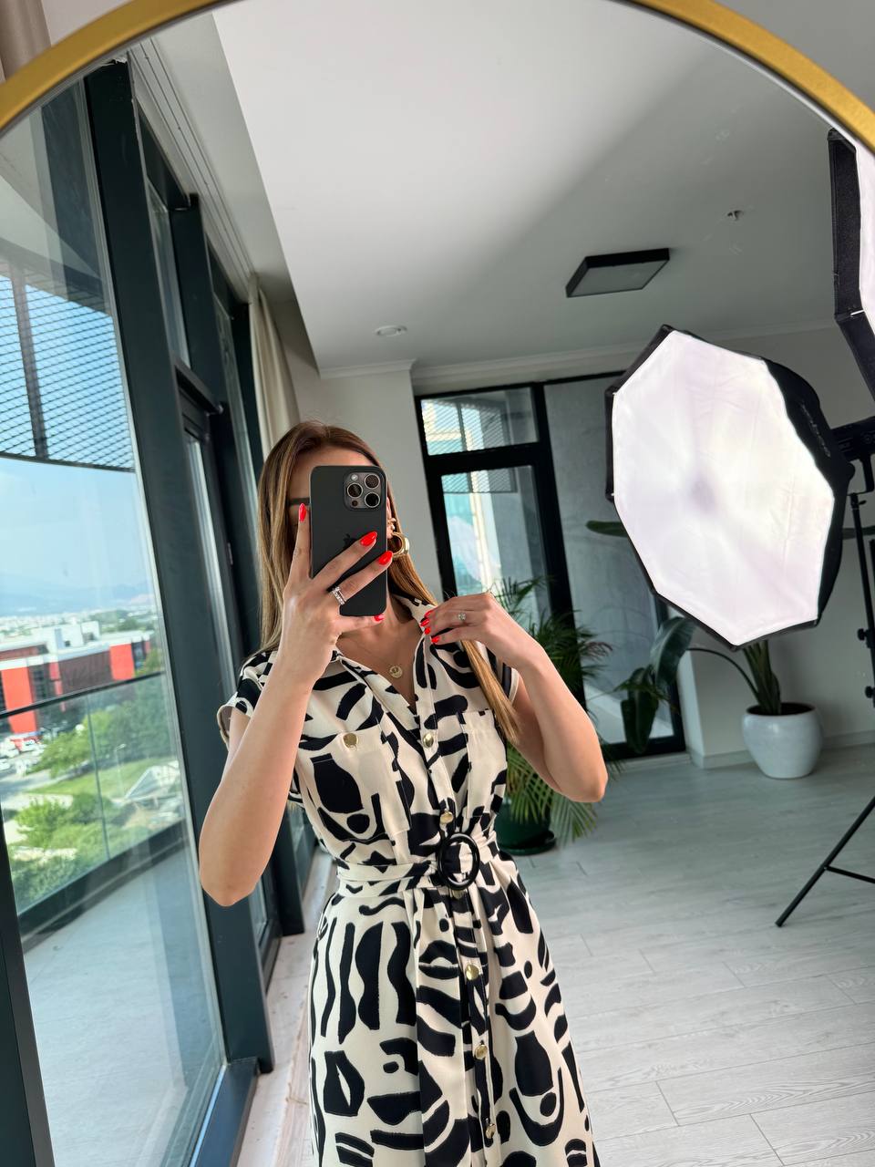 Zara%20Model%20Ekru%20Siyah%20Desenli%20Kemerli%20Midi%20Boy%20Gömlek%20Elbise