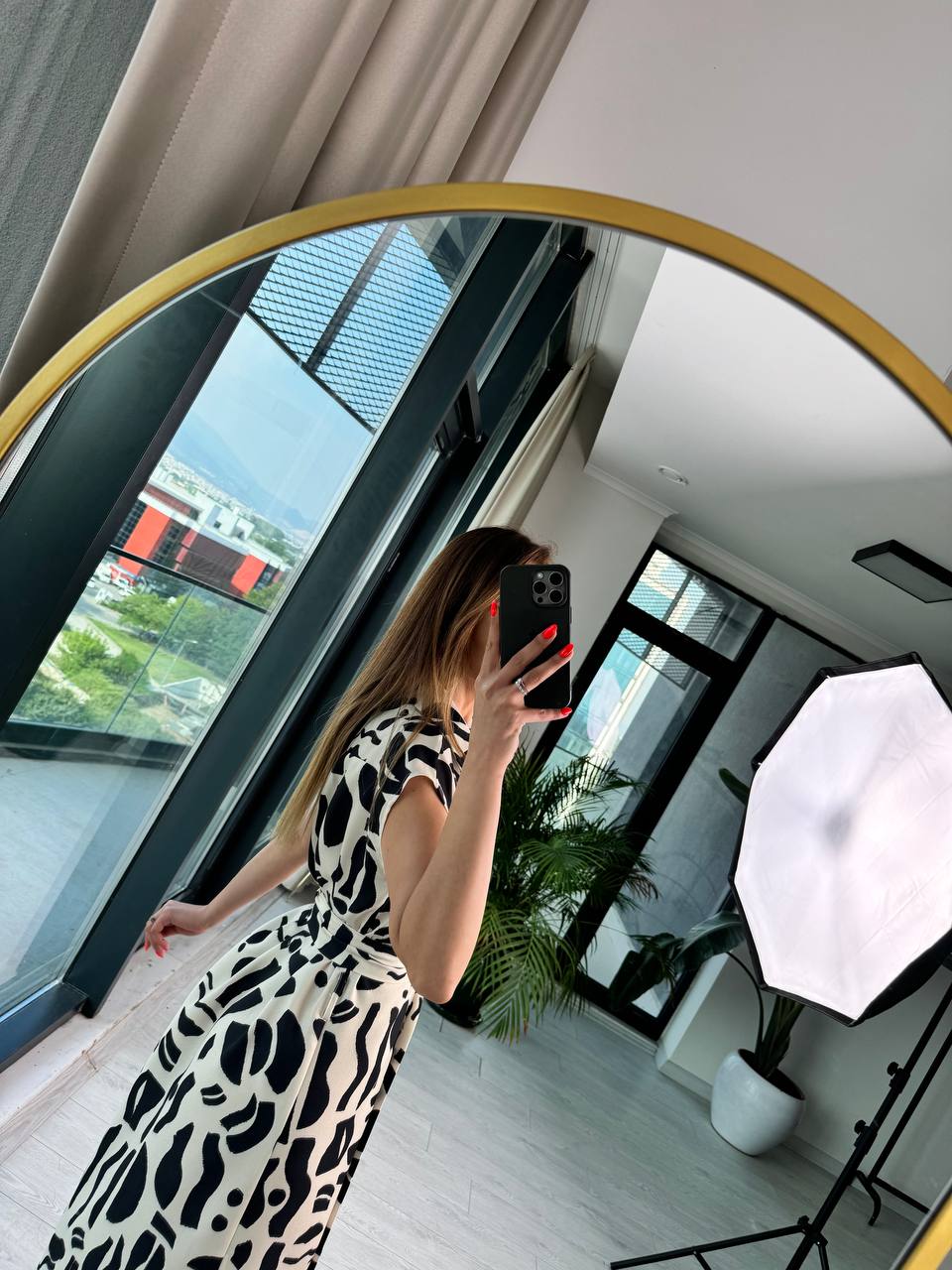 Zara%20Model%20Ekru%20Siyah%20Desenli%20Kemerli%20Midi%20Boy%20Gömlek%20Elbise
