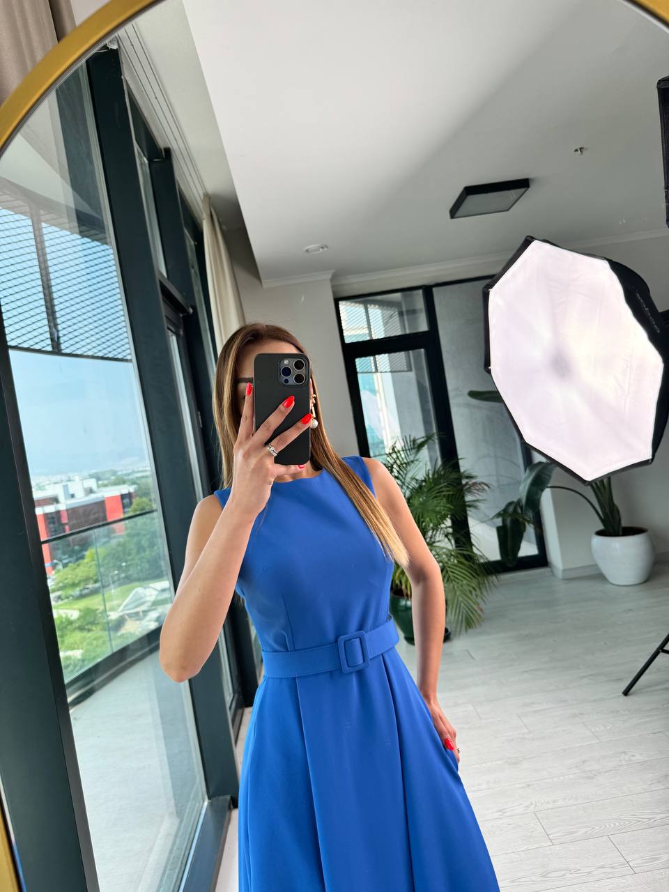 Saks%20Mavi%20Kemerli%20Cepli%20Atlas%20Kumaş%20Elbise