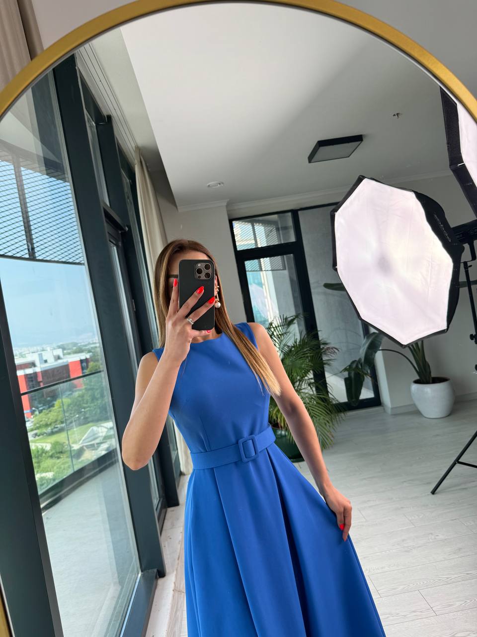 Saks%20Mavi%20Kemerli%20Cepli%20Atlas%20Kumaş%20Elbise