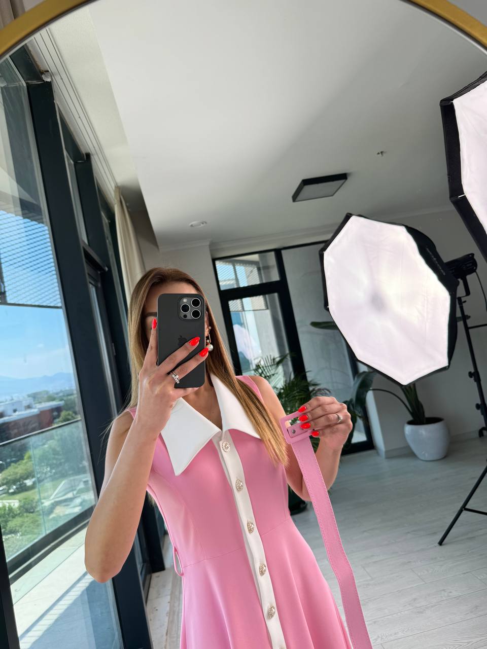 Barbie%20Pembe%20inci%20Taş%20Düğme%20Detaylı%20Lüks%20Kalite%20Kemerli%20Kloş%20Elbise