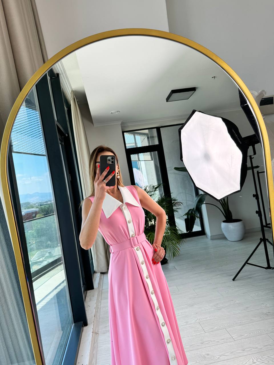 Barbie%20Pembe%20inci%20Taş%20Düğme%20Detaylı%20Lüks%20Kalite%20Kemerli%20Kloş%20Elbise
