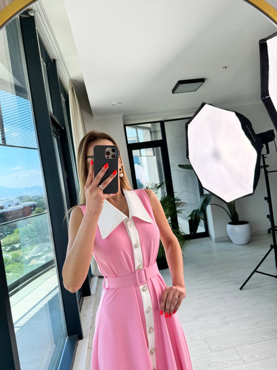 Barbie%20Pembe%20inci%20Taş%20Düğme%20Detaylı%20Lüks%20Kalite%20Kemerli%20Kloş%20Elbise