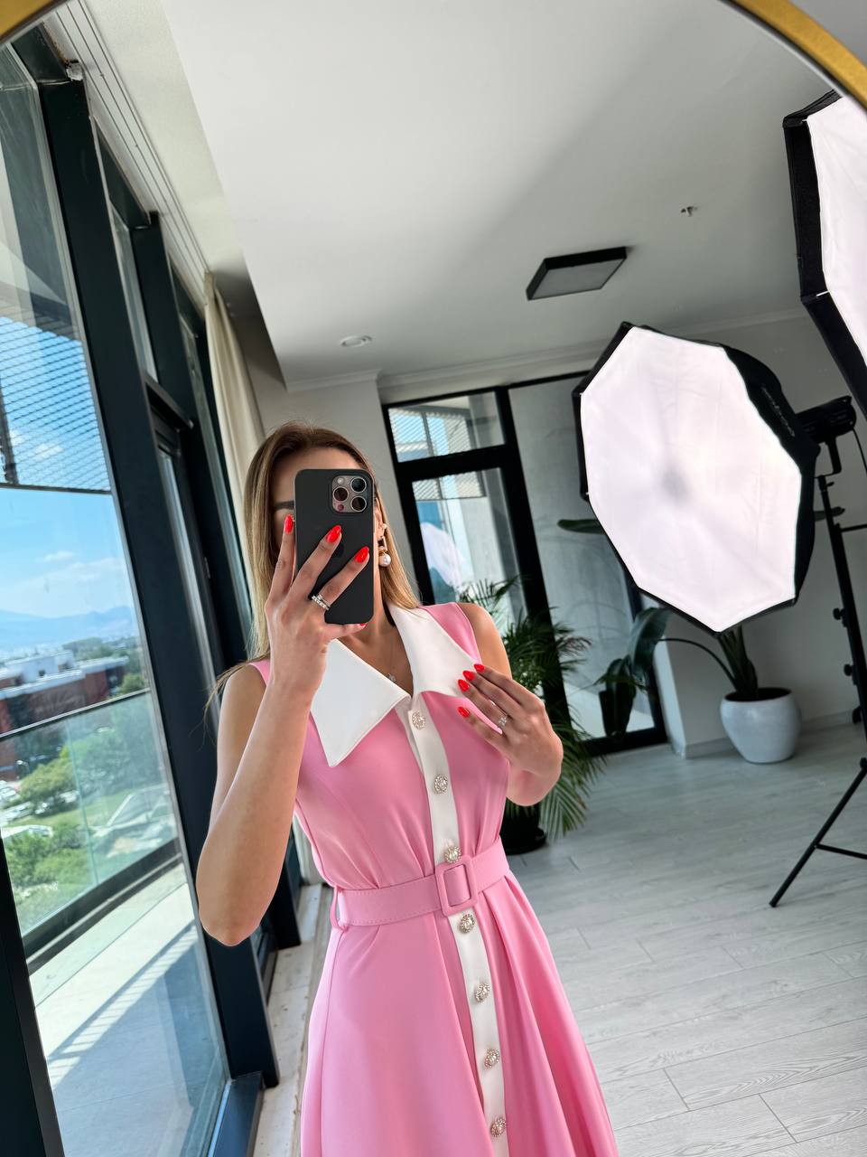 Barbie%20Pembe%20inci%20Taş%20Düğme%20Detaylı%20Lüks%20Kalite%20Kemerli%20Kloş%20Elbise