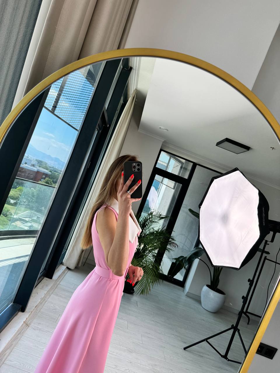 Barbie%20Pembe%20inci%20Taş%20Düğme%20Detaylı%20Lüks%20Kalite%20Kemerli%20Kloş%20Elbise