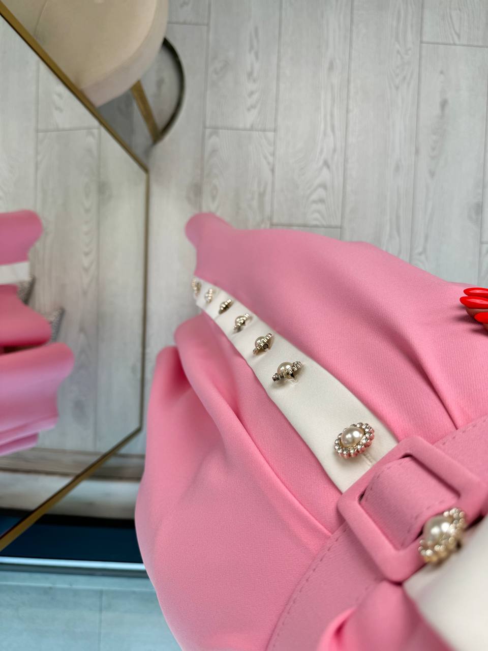Barbie%20Pembe%20inci%20Taş%20Düğme%20Detaylı%20Lüks%20Kalite%20Kemerli%20Kloş%20Elbise