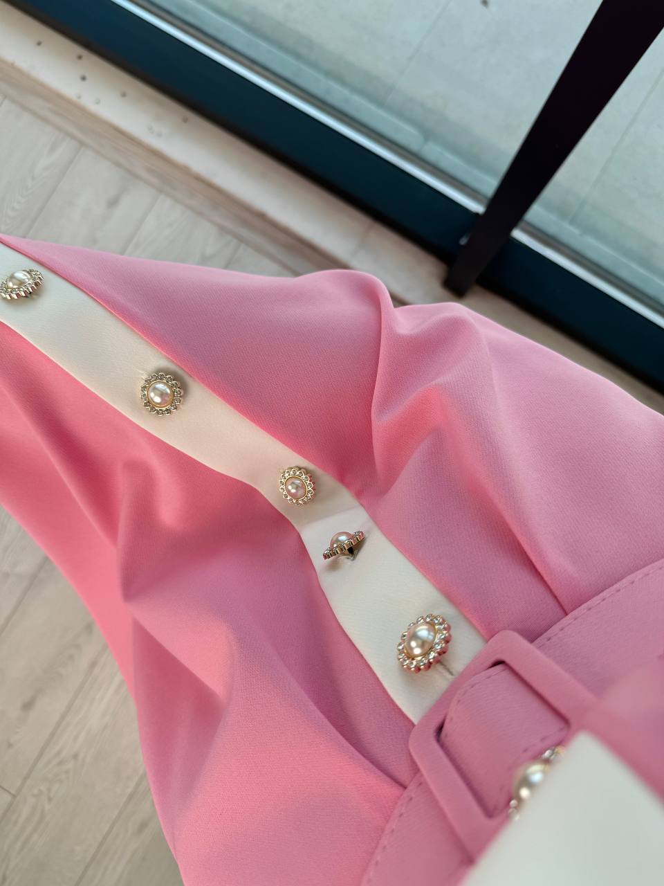 Barbie%20Pembe%20inci%20Taş%20Düğme%20Detaylı%20Lüks%20Kalite%20Kemerli%20Kloş%20Elbise