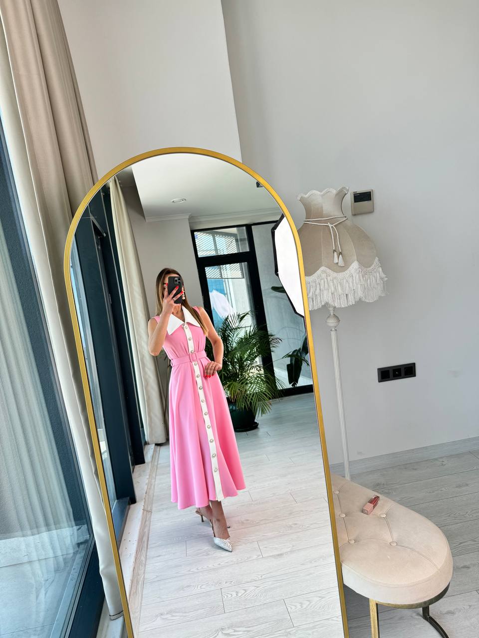 Barbie%20Pembe%20inci%20Taş%20Düğme%20Detaylı%20Lüks%20Kalite%20Kemerli%20Kloş%20Elbise