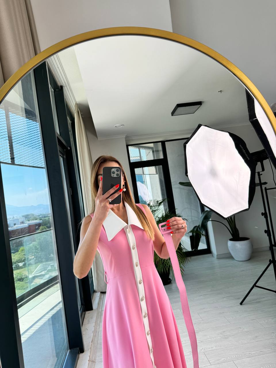 Barbie%20Pembe%20inci%20Taş%20Düğme%20Detaylı%20Lüks%20Kalite%20Kemerli%20Kloş%20Elbise