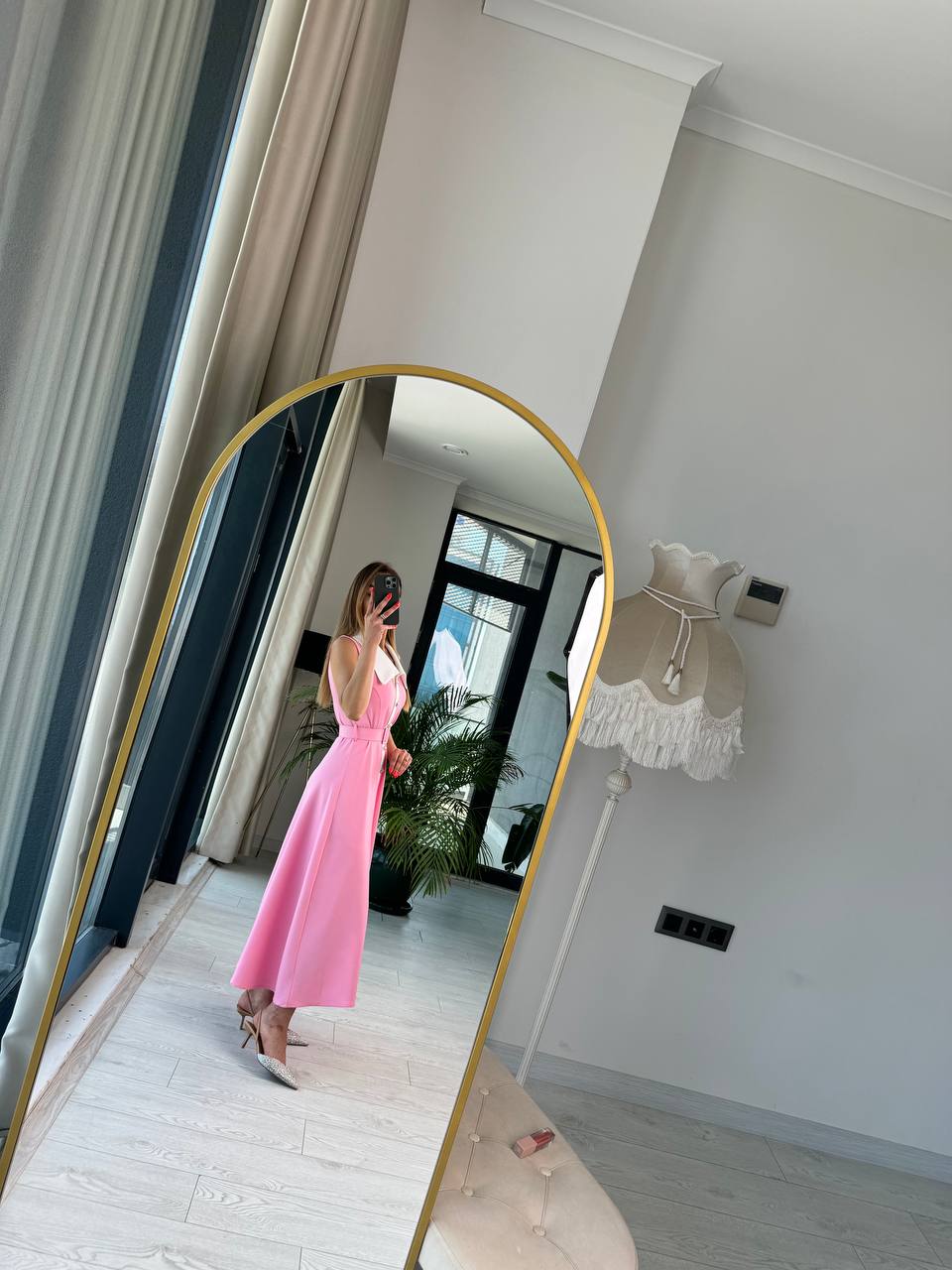 Barbie%20Pembe%20inci%20Taş%20Düğme%20Detaylı%20Lüks%20Kalite%20Kemerli%20Kloş%20Elbise