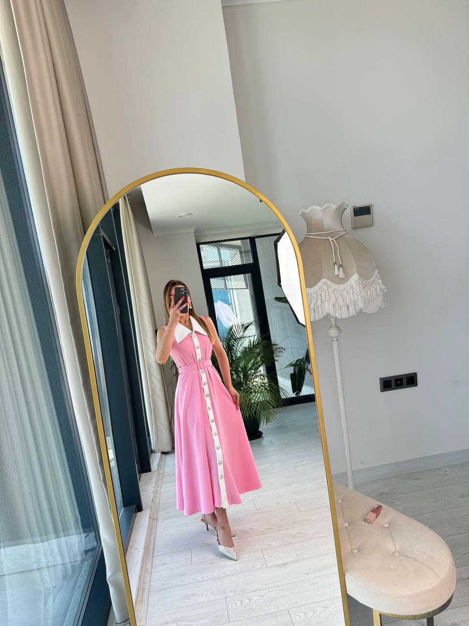 Barbie%20Pembe%20inci%20Taş%20Düğme%20Detaylı%20Lüks%20Kalite%20Kemerli%20Kloş%20Elbise