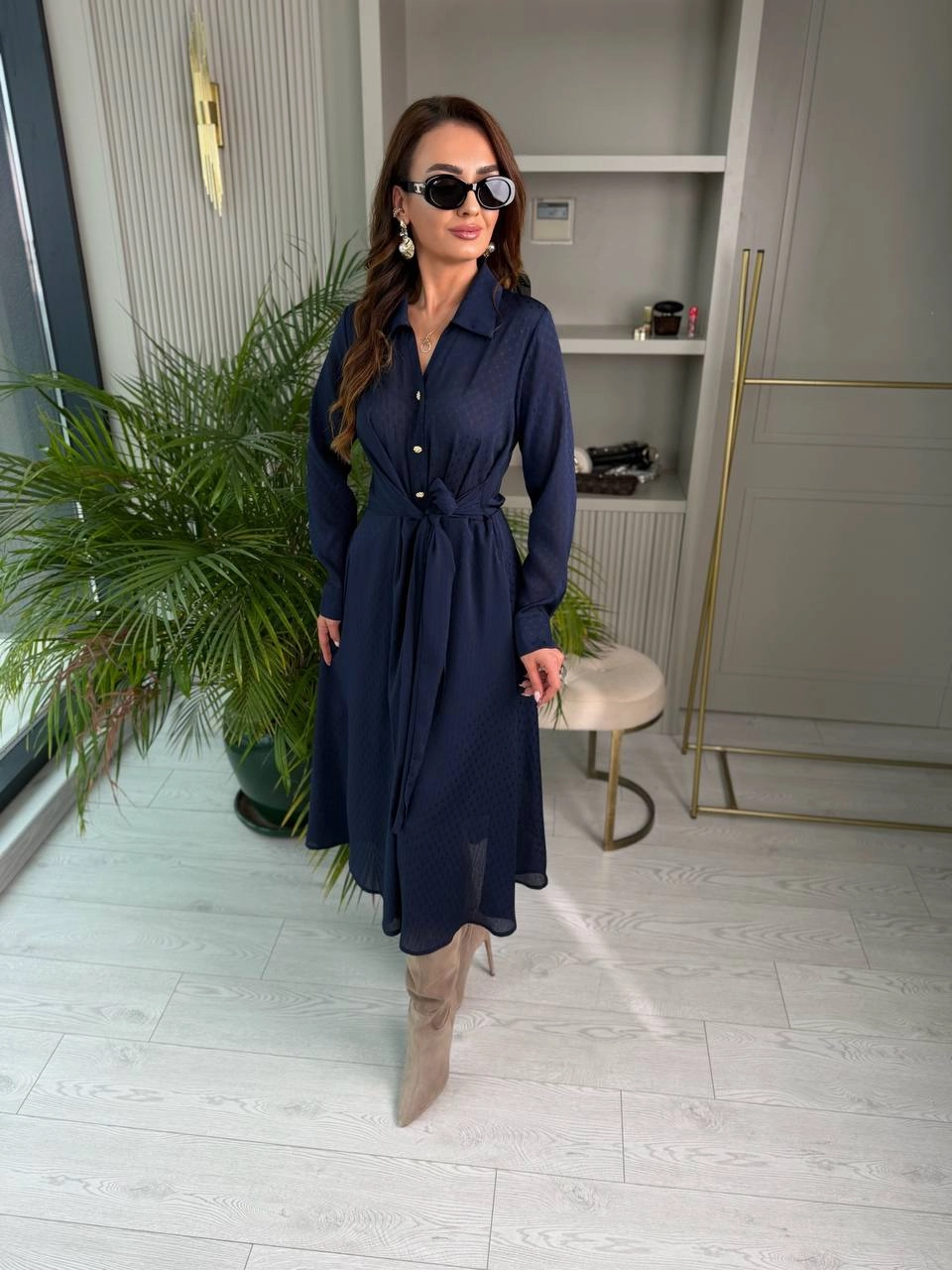 Lacivert%20Bel%20Bağlama%20Detaylı%20Lüks%20Şifon%20Elbise