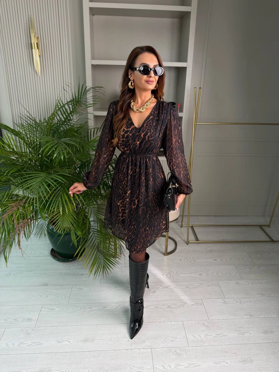 Leopar%20Desen%20Bel%20Bağlamalı%20Şifon%20Elbise