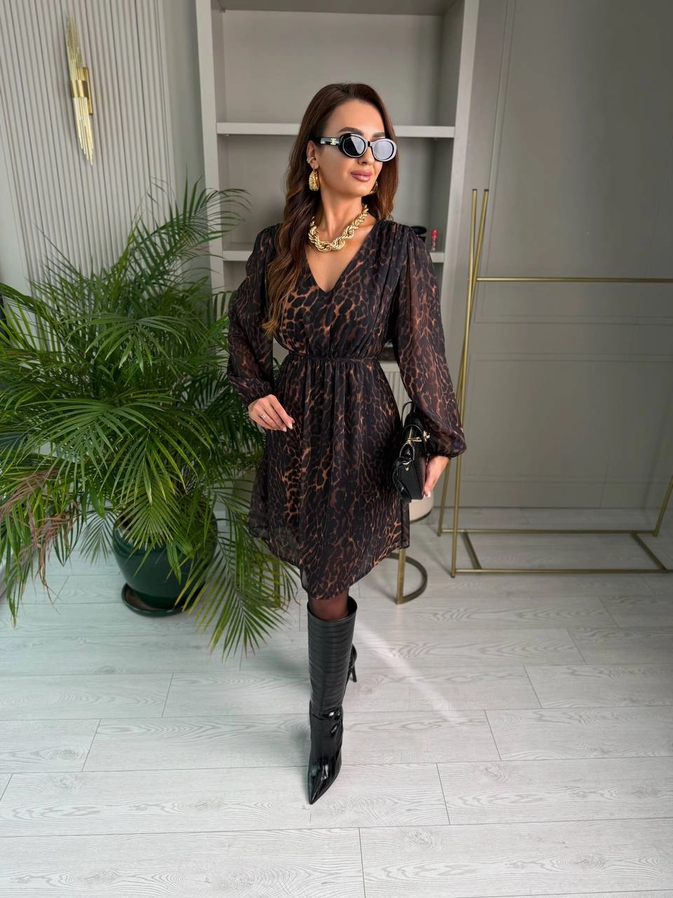 Leopar%20Desen%20Bel%20Bağlamalı%20Şifon%20Elbise