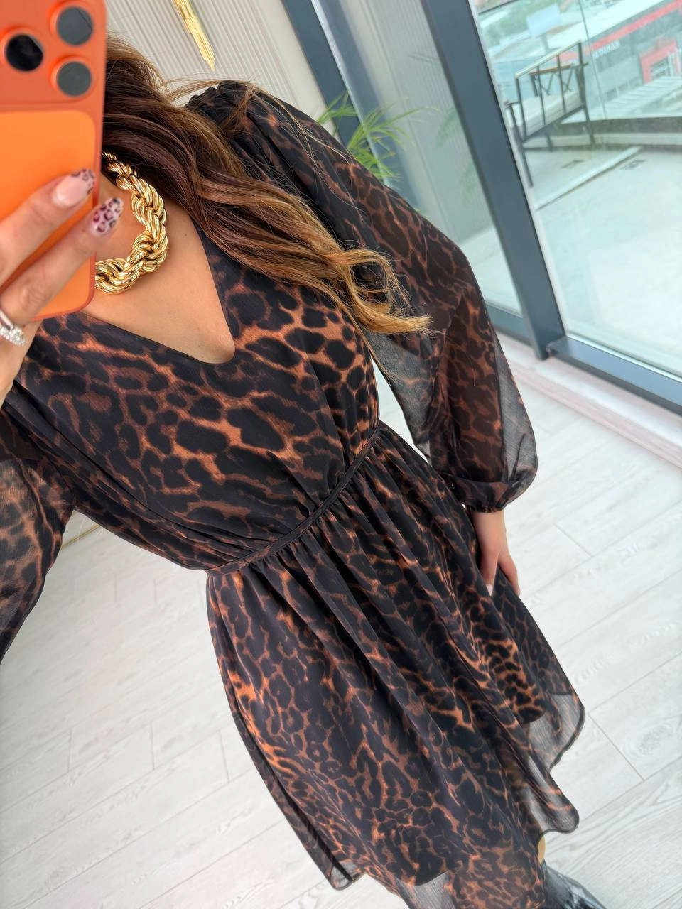 Leopar%20Desen%20Bel%20Bağlamalı%20Şifon%20Elbise