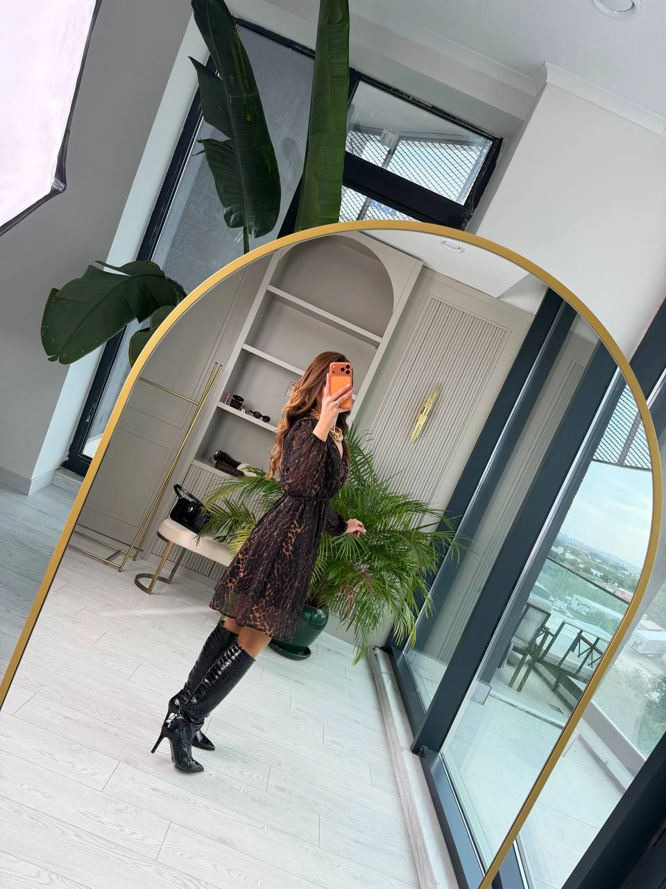 Leopar%20Desen%20Bel%20Bağlamalı%20Şifon%20Elbise