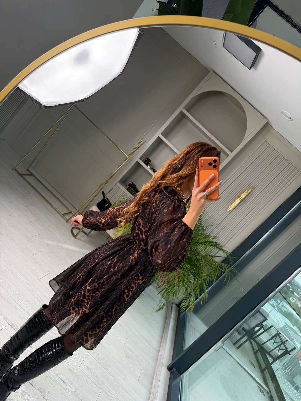 Leopar%20Desen%20Bel%20Bağlamalı%20Şifon%20Elbise