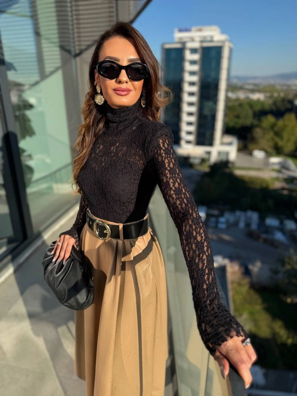 Camel-Siyah%20Kemerli%20Etek%20Kısmı%20Deri%20Elbise