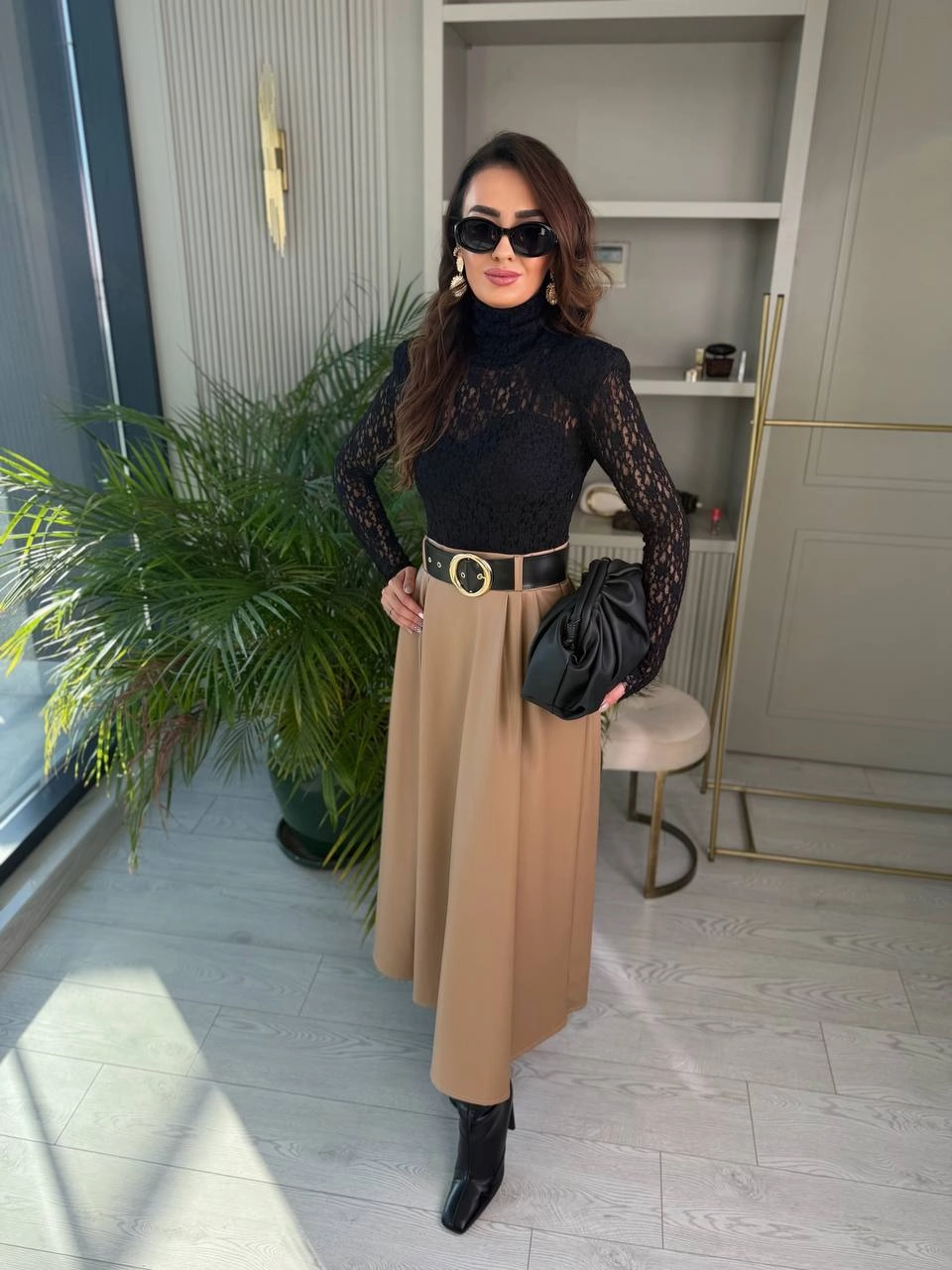 Camel-Siyah%20Kemerli%20Etek%20Kısmı%20Deri%20Elbise
