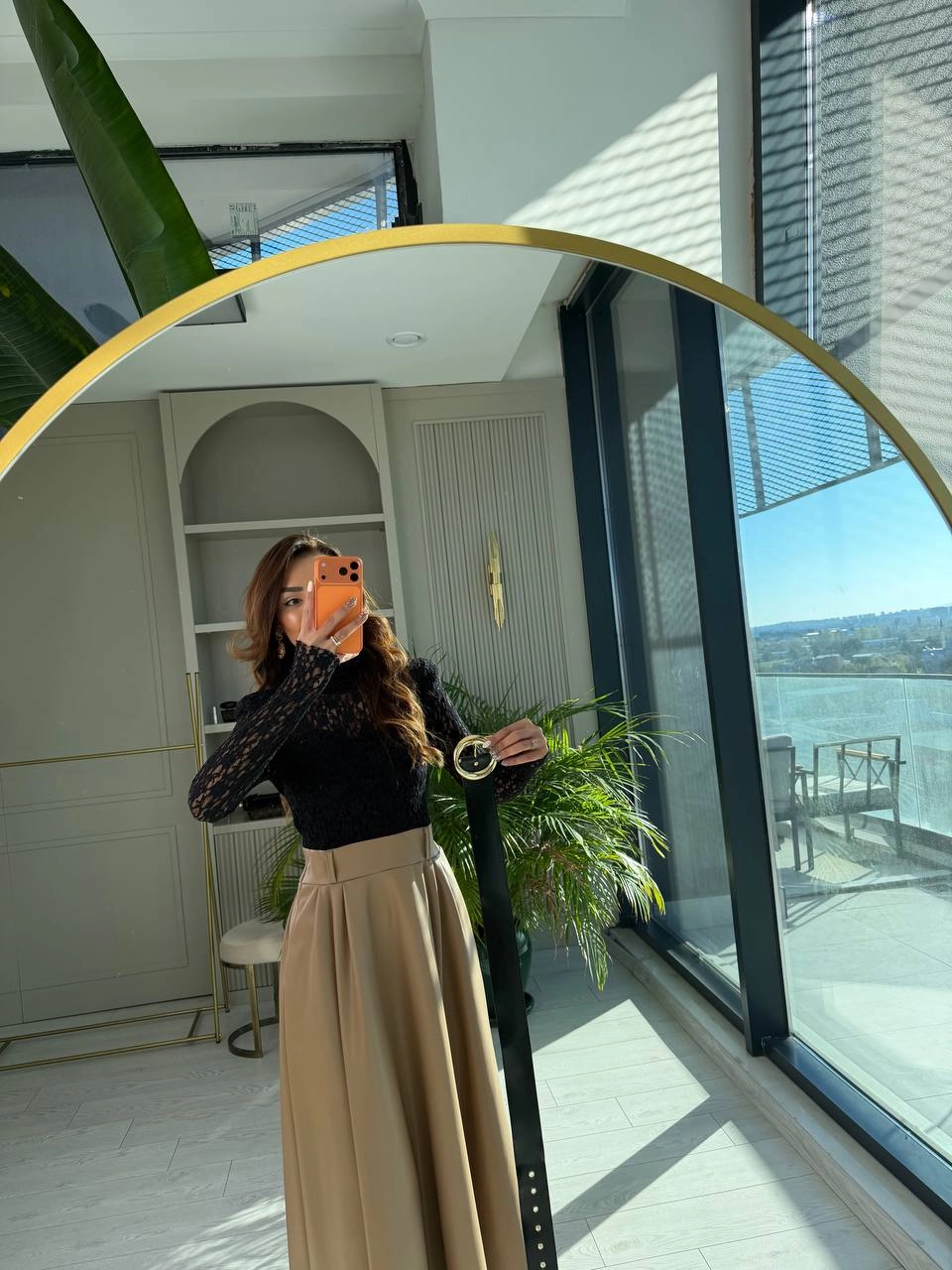 Camel-Siyah%20Kemerli%20Etek%20Kısmı%20Deri%20Elbise