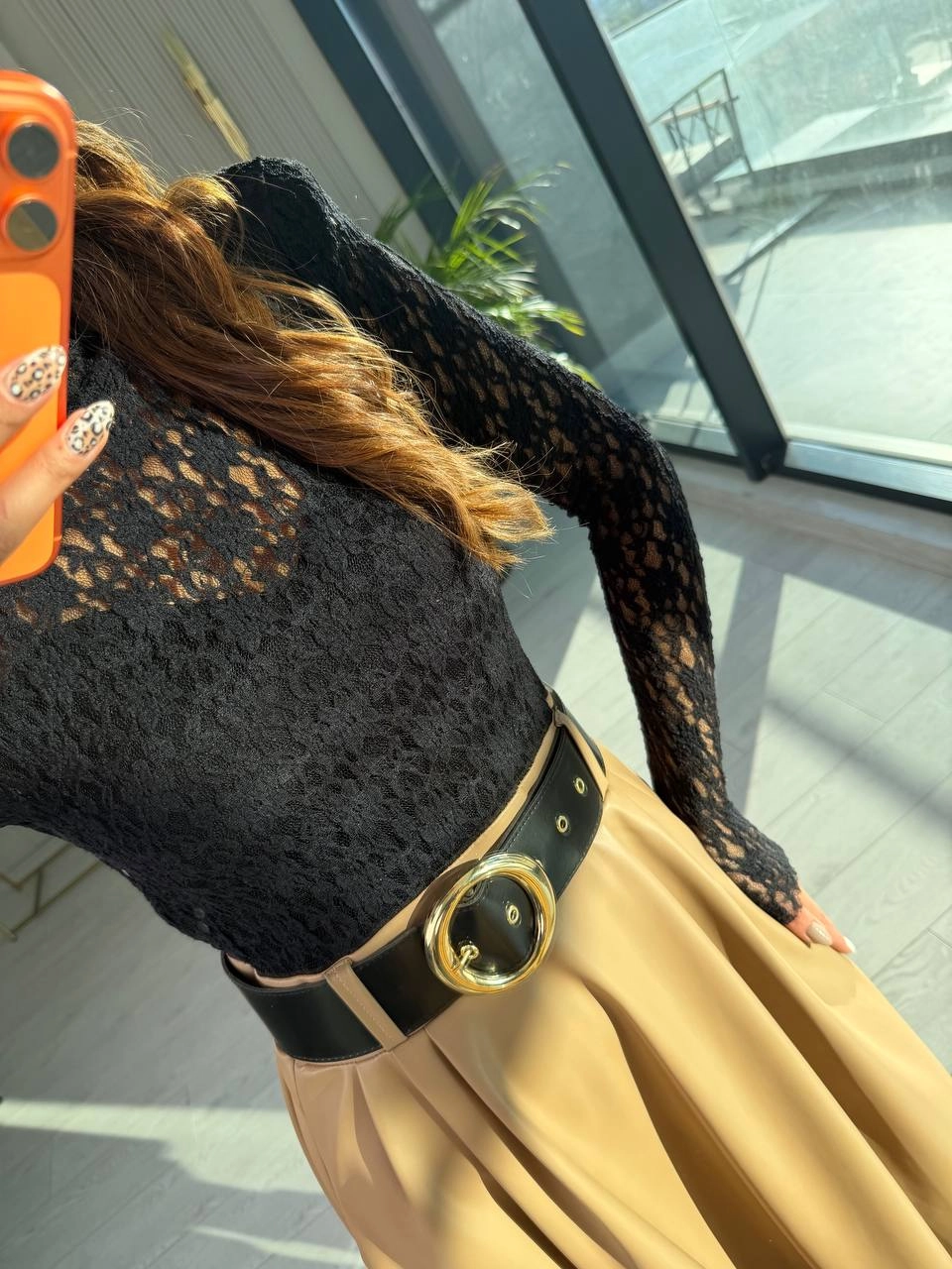 Camel-Siyah%20Kemerli%20Etek%20Kısmı%20Deri%20Elbise