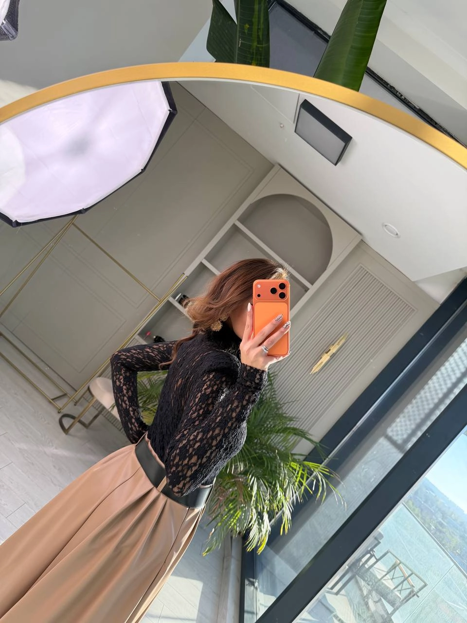 Camel-Siyah%20Kemerli%20Etek%20Kısmı%20Deri%20Elbise