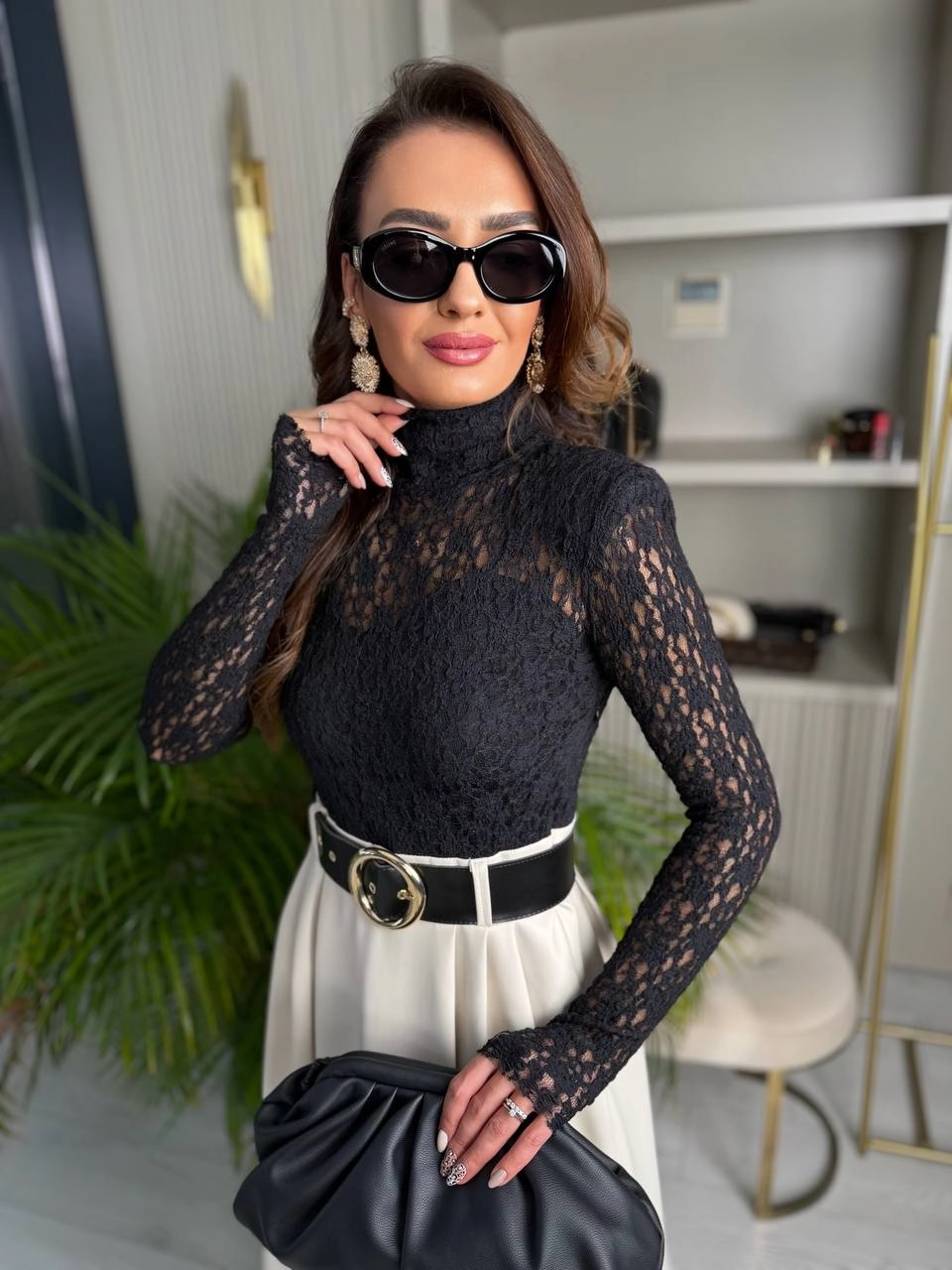 Bej%20-%20Siyah%20Kemerli%20Etek%20Kısmı%20Deri%20Elbise