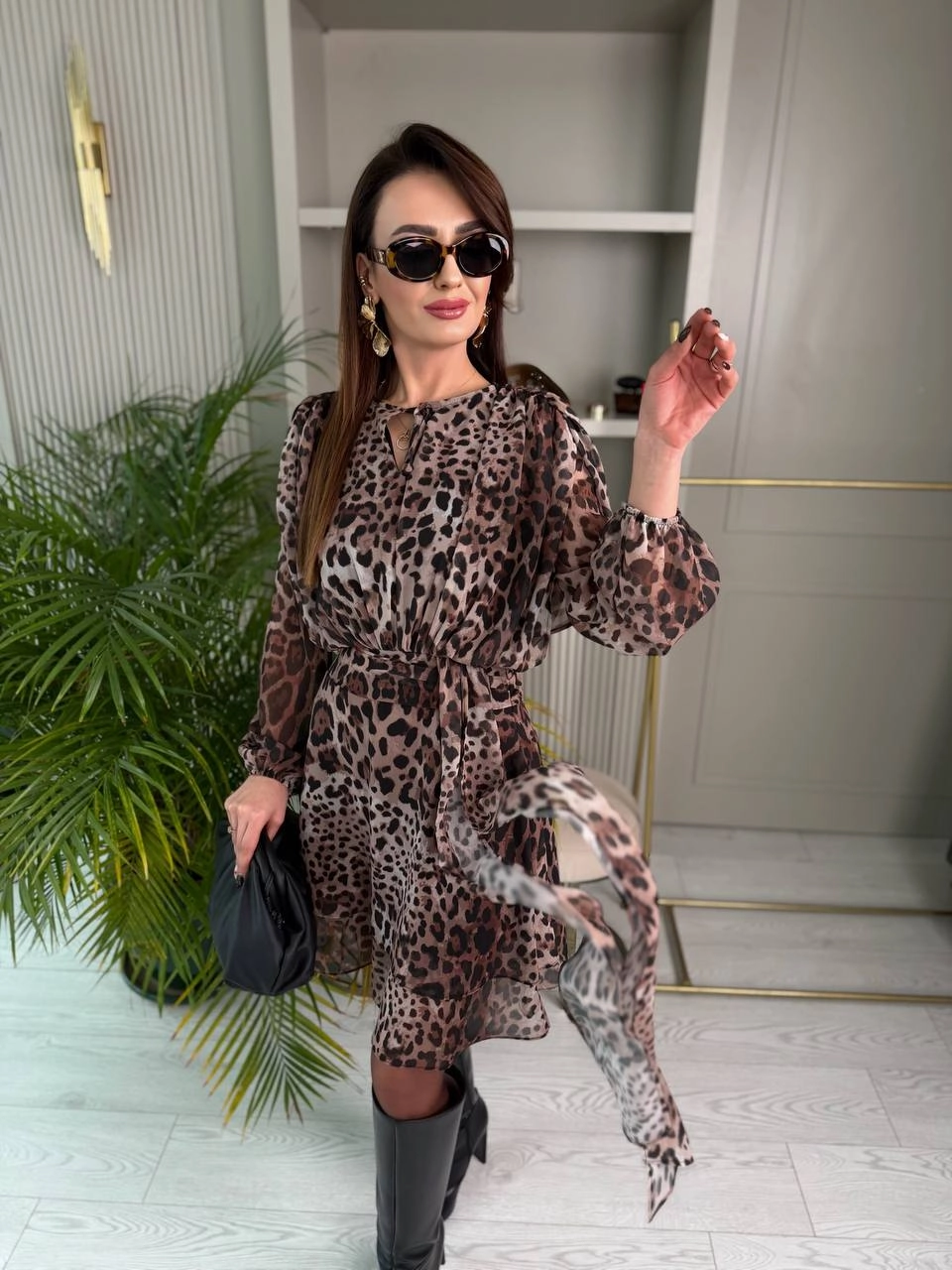Tasarım%20Leopar%20Desen%20Astarlı%20Bel%20Detay%20Şifon%20Elbise