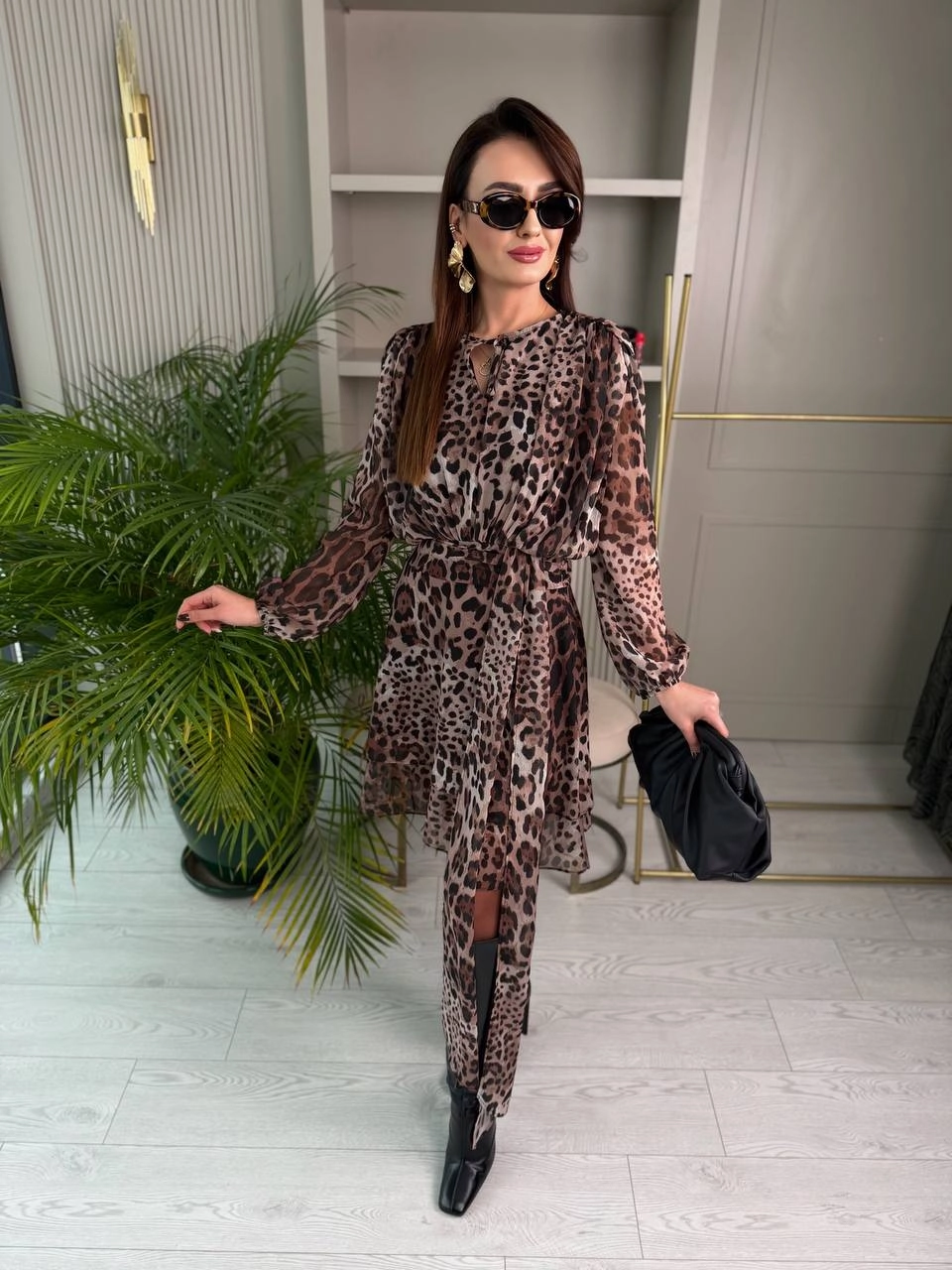 Tasarım%20Leopar%20Desen%20Astarlı%20Bel%20Detay%20Şifon%20Elbise