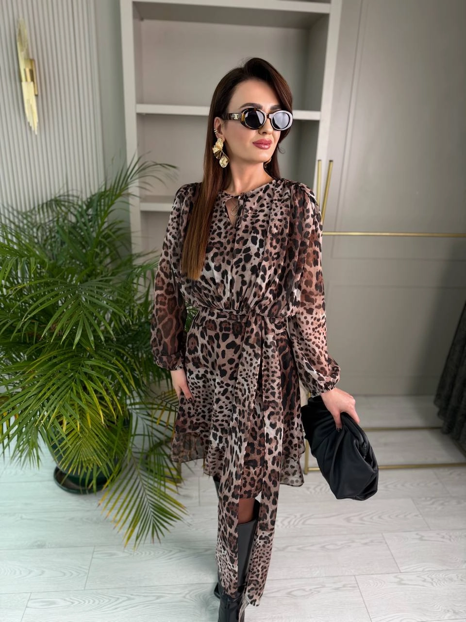 Tasarım%20Leopar%20Desen%20Astarlı%20Bel%20Detay%20Şifon%20Elbise