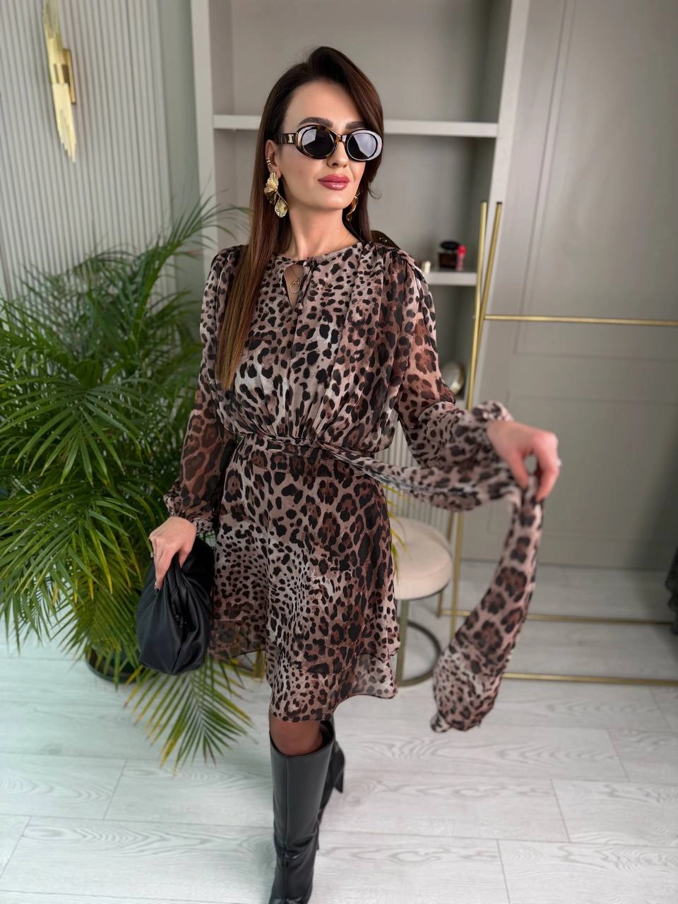 Tasarım%20Leopar%20Desen%20Astarlı%20Bel%20Detay%20Şifon%20Elbise