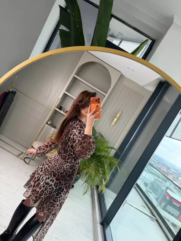 Tasarım%20Leopar%20Desen%20Astarlı%20Bel%20Detay%20Şifon%20Elbise