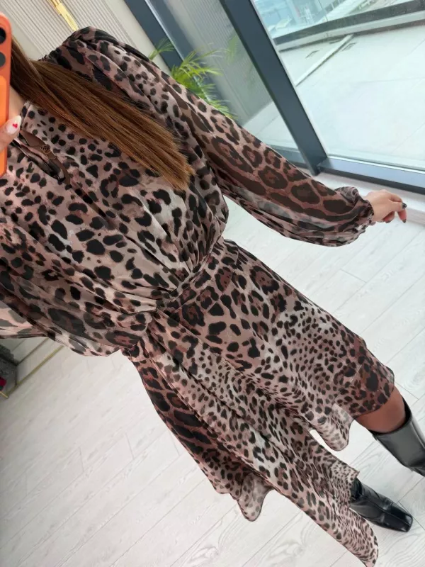 Tasarım%20Leopar%20Desen%20Astarlı%20Bel%20Detay%20Şifon%20Elbise