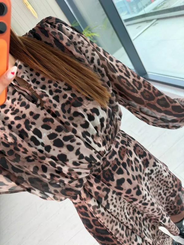Tasarım%20Leopar%20Desen%20Astarlı%20Bel%20Detay%20Şifon%20Elbise