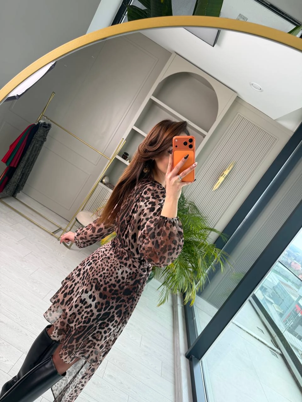 Tasarım%20Leopar%20Desen%20Astarlı%20Bel%20Detay%20Şifon%20Elbise