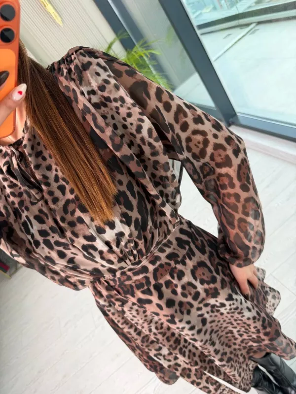 Tasarım%20Leopar%20Desen%20Astarlı%20Bel%20Detay%20Şifon%20Elbise