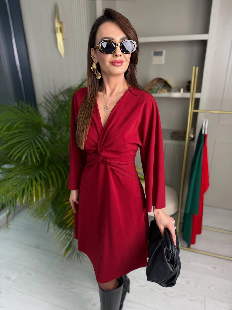 Bordo%20Düğüm%20Detay%20Likralı%20Krep%20Kumaş%20Elbise