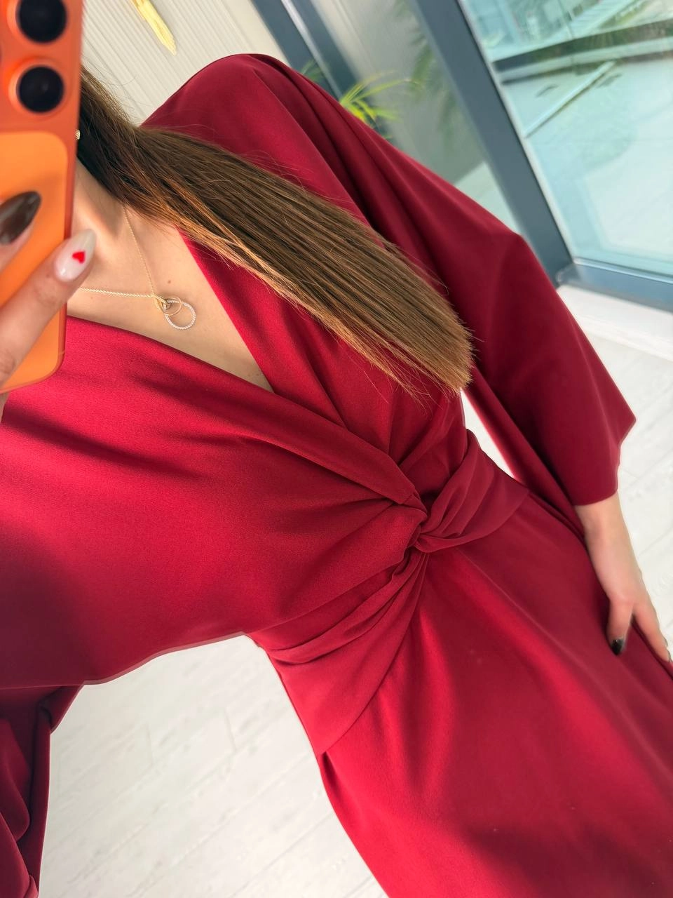 Bordo%20Düğüm%20Detay%20Likralı%20Krep%20Kumaş%20Elbise