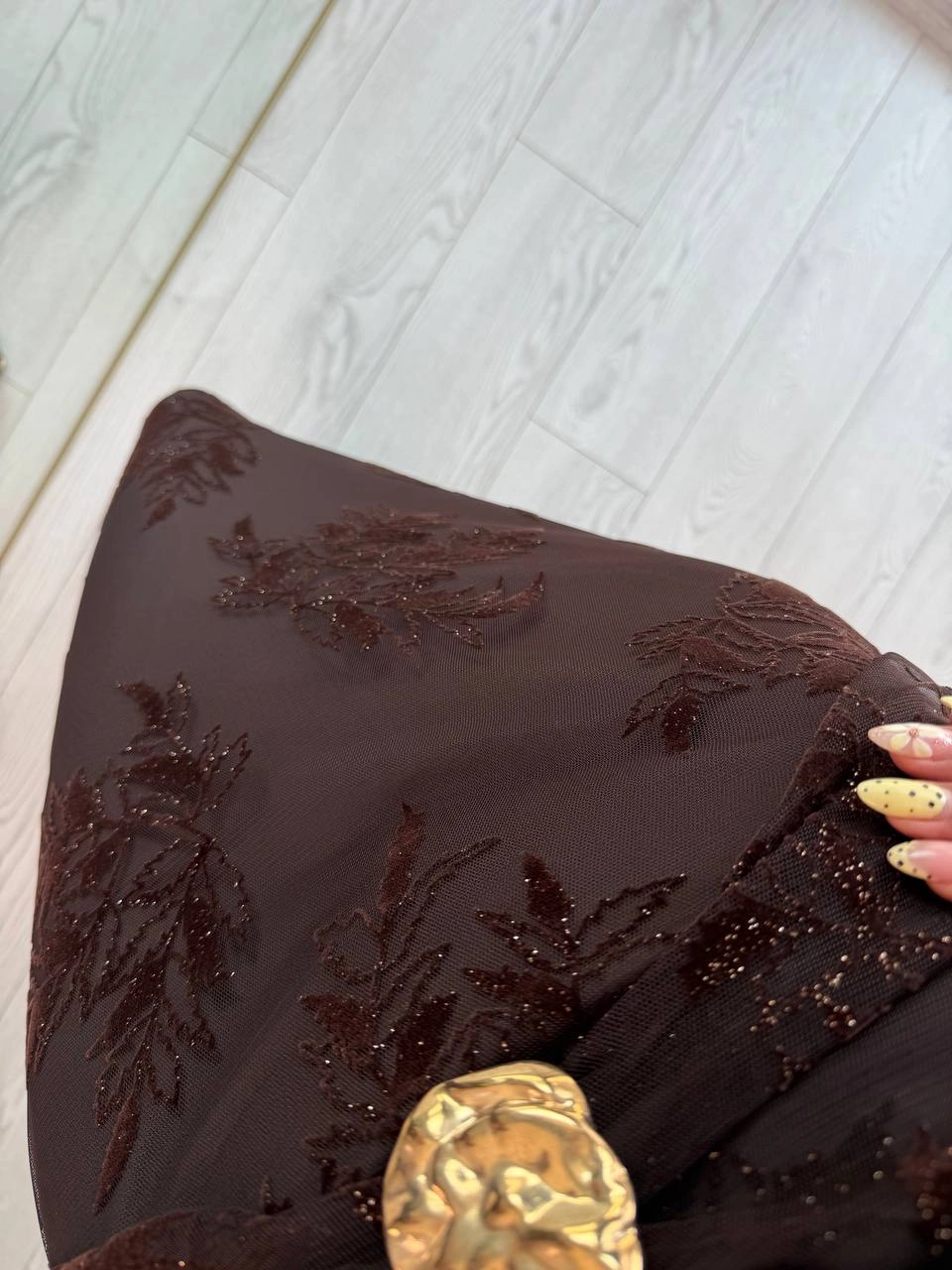 Kahverengi%20Işıltılı%20Bel%20Detaylı%20Astarlı%20Kalem%20Elbise