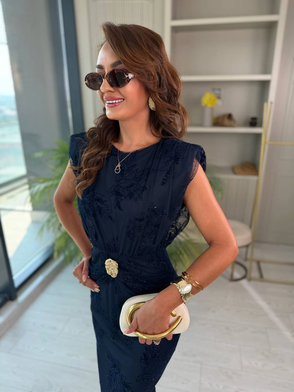 Lacivert%20Işıltılı%20Bel%20Detaylı%20Astarlı%20Kalem%20Elbise