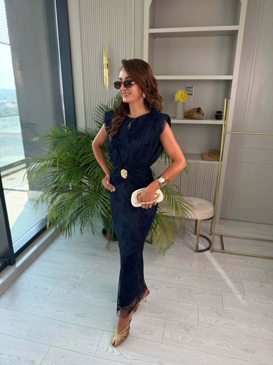 Lacivert%20Işıltılı%20Bel%20Detaylı%20Astarlı%20Kalem%20Elbise